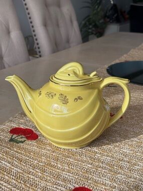 Vintage Yellow Ceramic Teapot with Gold Leaf Motif by Hall Tea Company